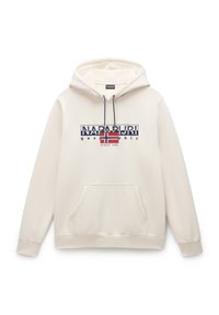 Sudadera color crema con bolsillo tipo canguro en el frente, capucha con cordones y un logo impreso con un diseño de la bandera noruega en rojo y azul.
