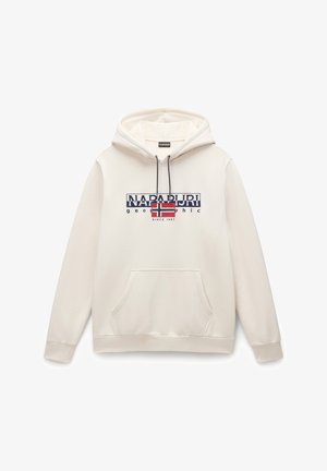 Felpa color crema con tasca a marsupio frontale, cappuccio con cordino e logo stampato con un design della bandiera norvegese rosso e blu.