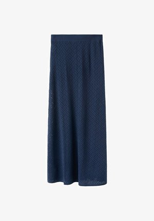Navyblå ankel-lang nederdel med et struktureret fiskbensmønster og en tætsiddende talje.