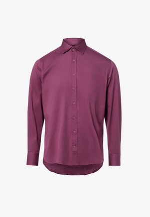 Long-sleeve purple button-up shirt with collar and cuffs, tailored fit, slightly curved hem, displayed on white background.