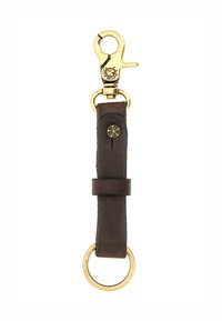 Portachiavi in pelle marrone con clip e anello in metallo dorato. Presenta un piccolo accento floreale sulla tracolla in pelle, che mette in evidenza la durabilità e il design.