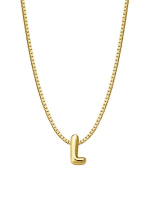 Collier en or avec un pendentif 'L' stylisé lisse, suspendu à une chaîne à maillons carrés plates. La chaîne est brillante avec une finition polie.