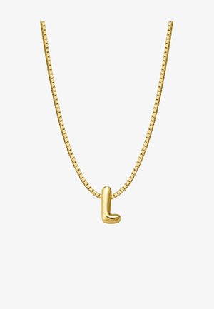 Zelta kaklarota ar gludu, stilizētu 'L' piekariņu uz plakanu, kvadrātveida saišu ķēdītes. Ķēdīte spīd ar pulētu apdari.