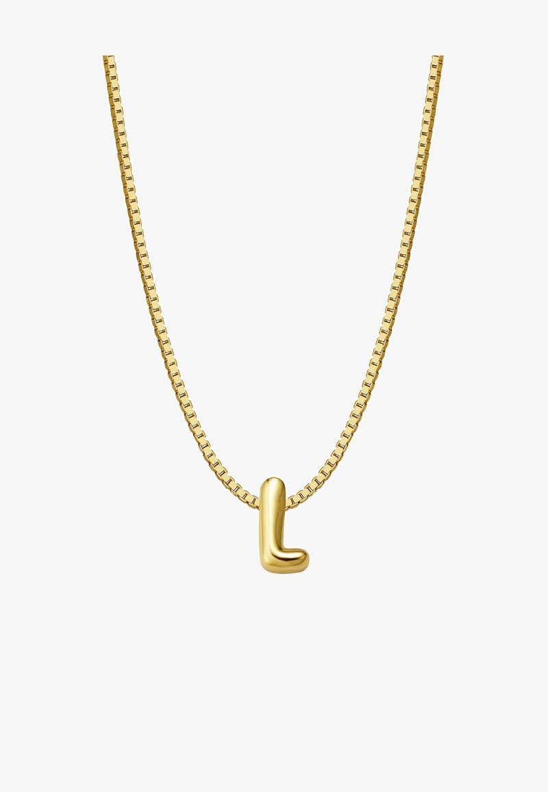 Zelta kaklarota ar gludu, stilizētu 'L' piekariņu uz plakanu, kvadrātveida saišu ķēdītes. Ķēdīte spīd ar pulētu apdari.