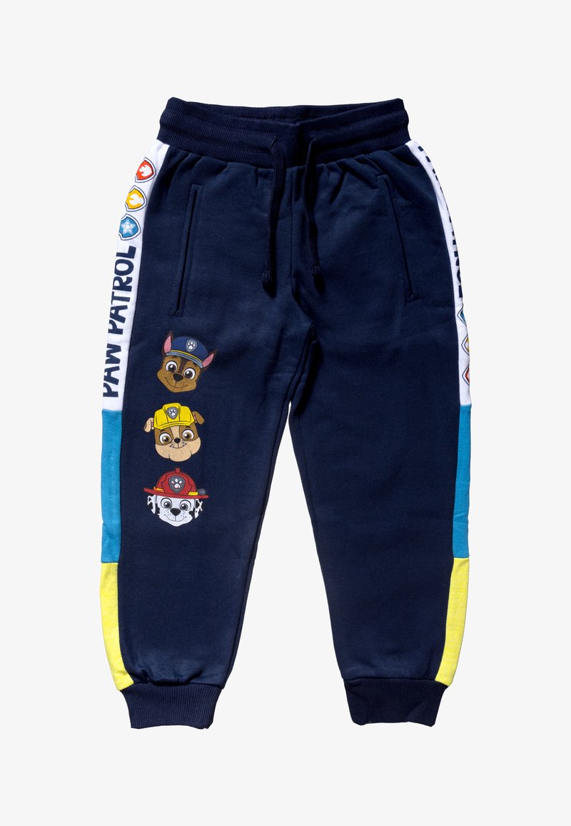 Pantalon de jogging bleu marine avec des personnages de chien de dessin animé de Paw Patrol. Taille élastique avec cordon de serrage, poches latérales et panneaux latéraux colorés.
