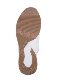 Sohle eines Sneakers mit einem weißen Gummiobermaterial und einer braunen Gummisohle. Die Sohle hat ein strukturiertes, gemustertes Design für besseren Halt.