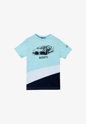 Light blue cotton t-shirt featuring a black and white drawing of a Bugatti, with navy and white diagonal stripes at the bottom.
