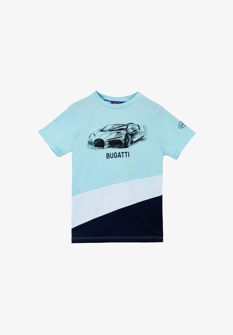 T-shirt di cotone azzurro chiaro con una stampa in bianco e nero di una Bugatti, caratterizzata da strisce diagonali blu navy e bianche nella parte inferiore.