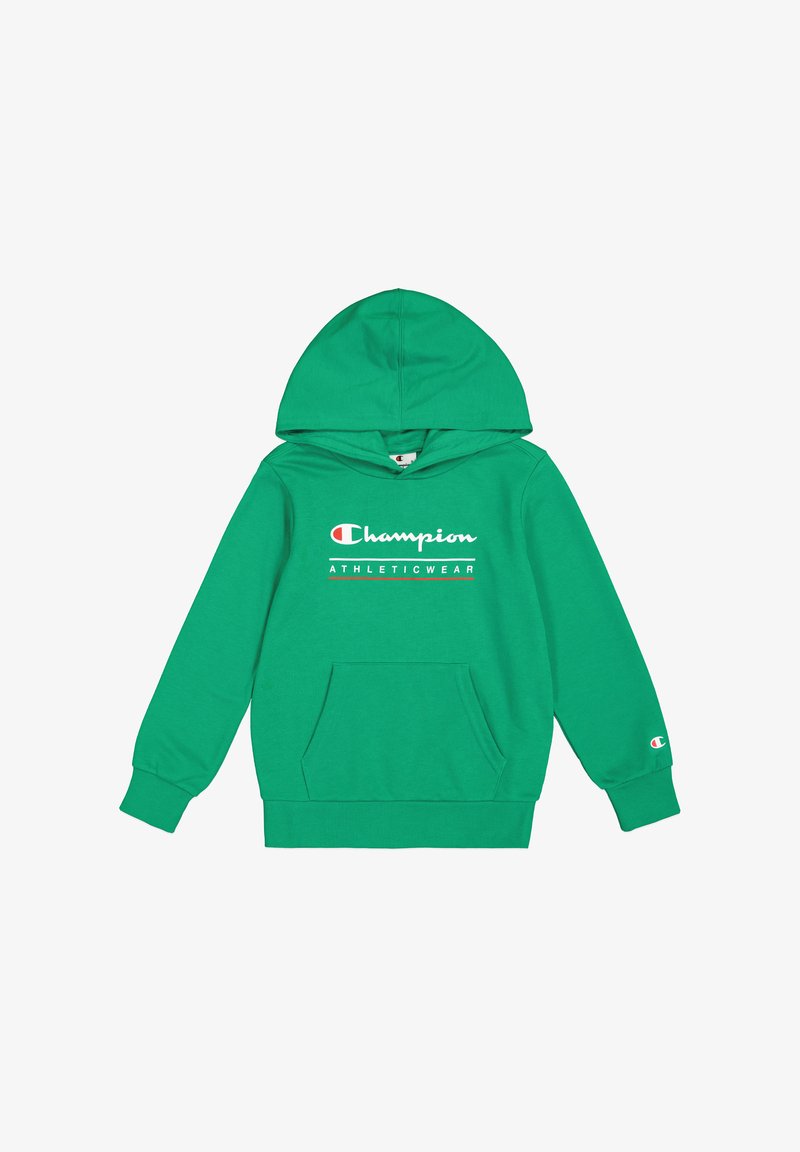 Haut à capuche vert en tissu doux, avec une poche kangourou à l'avant, des poignets côtelés et une capuche à cordon de serrage. Affiche le logo "Champion ATHLETICWEAR".