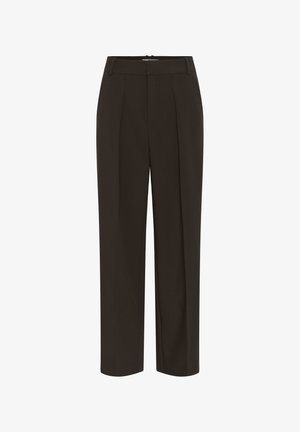 Pantalon droit sur mesure de couleur brun foncé avec plis sur le devant et passants pour ceinture, conçu pour une tenue formelle ou de bureau.