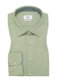 Lichtgroene slim-fit shirt gemaakt van gestructureerde stof, met een gepersonaliseerde binnenkraag en borstzak, met beige knopen.