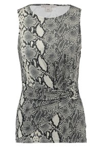 Ärmlös topp med ett svart och vitt ormtryck, åtsittande design, slät struktur och en knutdetalj vid midjan.