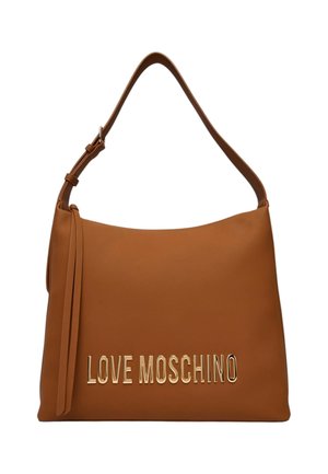 Borsa a mano in pelle marrone con tracolla regolabile, logo dorato "LOVE MOSCHINO" sul davanti e nappina decorativa in pelle sul lato sinistro.