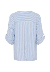 Chemise rayée bleu et blanche, à manches courtes avec des poignets roulés, coupe décontractée, tissu doux, design à l'arrière avec une couture horizontale et des rayures verticales.