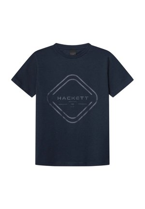 Camiseta de algodón en color navy con mangas cortas, que presenta un gran gráfico de diamante gris y la palabra "HACKETT" en el centro.