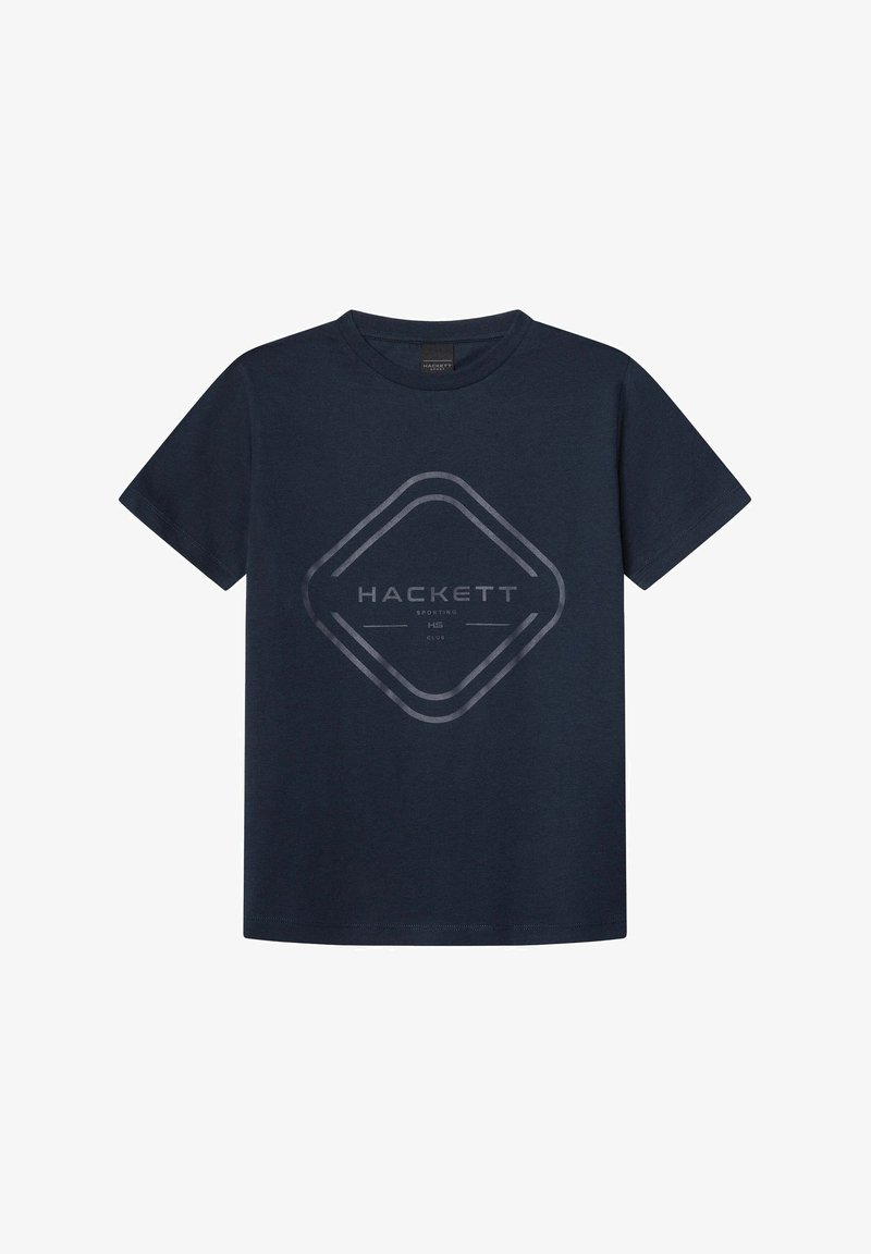 Camiseta de algodón en color navy con mangas cortas, que presenta un gran gráfico de diamante gris y la palabra "HACKETT" en el centro.