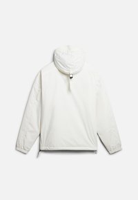 Veste blanche à capuche avec poignets élastiques et cordons réglables, vue de dos sur un fond blanc uni.