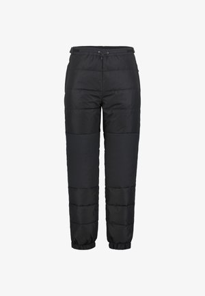Zwarte geïsoleerde winterbroek met elastische manchetten, een taille met trekkoord en versterkte kniepanelen voor gebruik in koude buitentemperaturen.