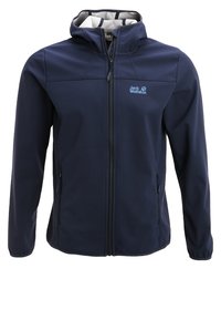 Veste softshell bleu marine avec capuche, fermeture éclair frontale intégrale, poches latérales zippées et logo Jack Wolfskin sur la poitrine.