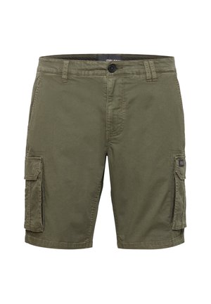 Olijfgroene cargoshorts met knoopsluiting, riemlussen en twee klepzakken aan elke zijde.