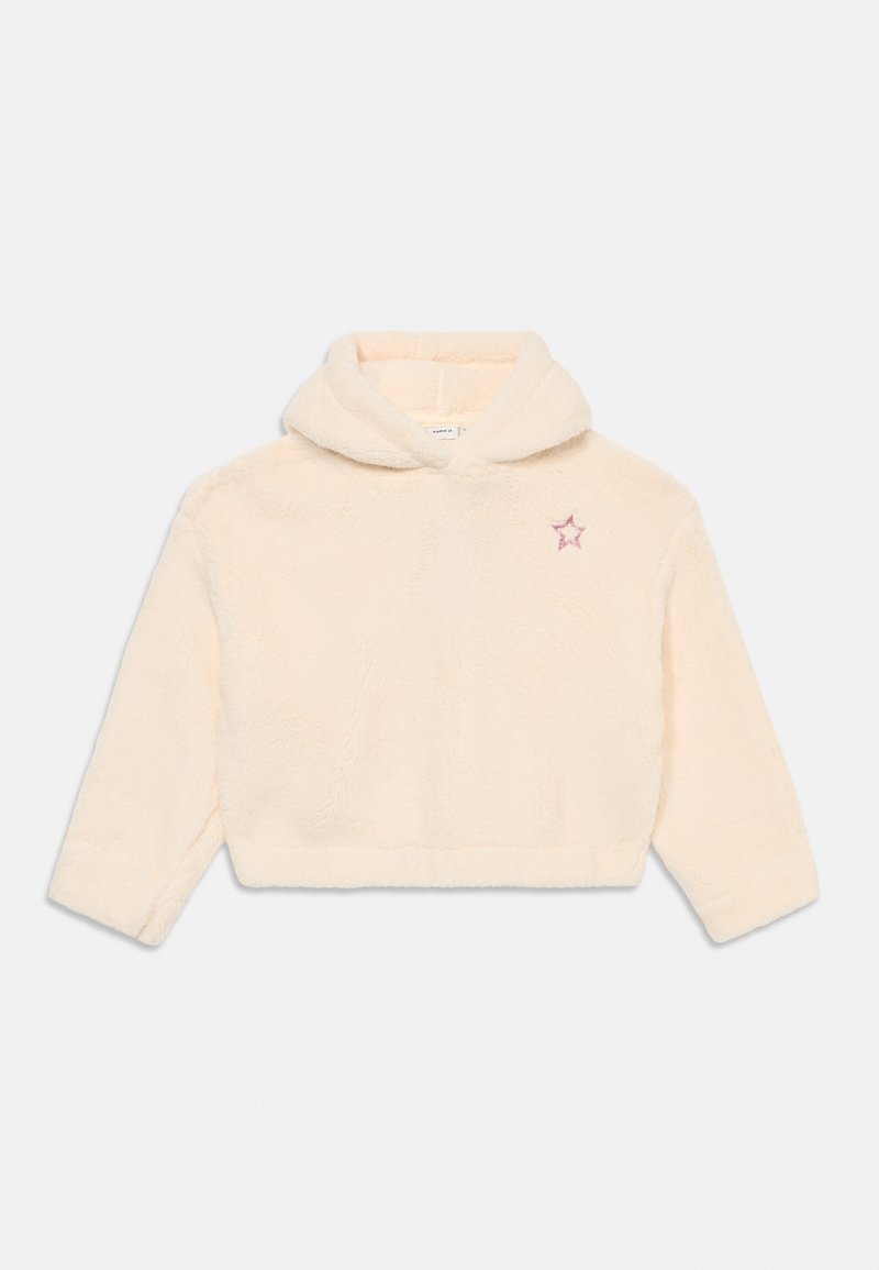 Afgebroken hoodie van zachte, gebroken-witte fleece. Bevat een voorzak, een roze ster borduursel op de linkerkant van de borst en een capuchon met koordjes.