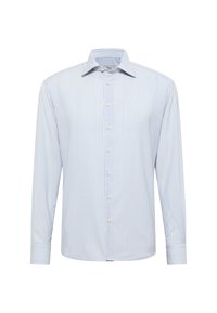 Camicia a maniche lunghe a righe blu chiaro e bianche in cotone. Presenta una chiusura con bottoni, colletto classico e dettagli ai polsini.
