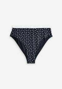 Marinblå bomullsundershorts med vita hjärtan och ett vitt midjeband där ordet "NEXT" upprepas. Slät textur.