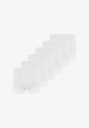 Weiße Herren-Boxershorts im Sechserpack, mit weichem Stoff, elastischem Umschlagbund mit Markennamen und tailliertem Schnitt.
