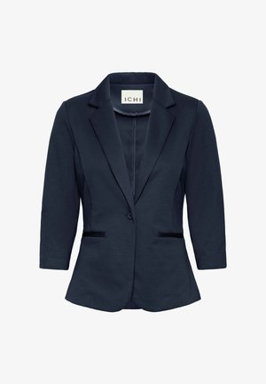 Marineblauwe blazer gemaakt van een gestructureerde stof, voorzien van een enkele knoopsluiting, twee voorzakken en driekwart mouwen.