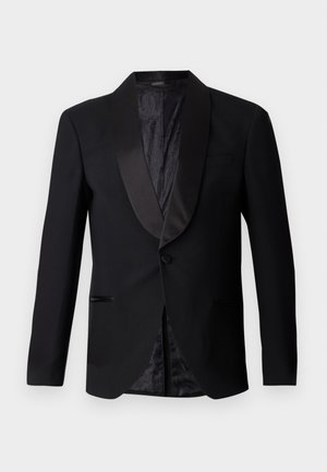 Black formal suit jacket with satin lapels, single button closure, and a textured black patterned lining, featuring two side pockets.