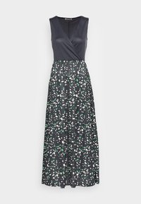 Sukienka maxi bez rękawów w ciemnonaboiwym kolorze. Góra ma dopasowaną strukturową, a spódnica zdobiona jest wielokolorowym, abstrakcyjnym wzorem.