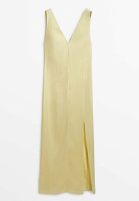Robe midi sans manches jaune pâle avec un profond décolleté en V et une fente latérale, en tissu lisse et léger.
