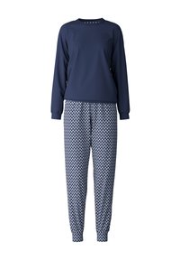 Navy long-sleeve top with a round neck, paired with patterned pants featuring a geometric design in white and green on a blue background.