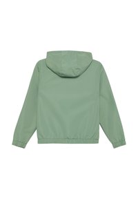 Hellgrüne, kapuzenjacke aus glattem, wasserabweisendem Material. Verfügt über elastische Bündchen und einen Kordelzugsaum zur Anpassung.