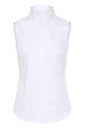 Fehér, ujjatlan blúz magas mandzsettás gallérral és gombos lezárással. Simább textúrájú és testhezálló szabású, minták vagy díszítések nélkül.