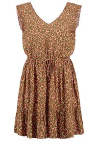 Šaty s leopardím potiskem, výstřihem do V, volánkovými rukávy, staženým pasem a vrstvenou sukní. Barvy zahrnují růžovou, zelenou a béžovou.