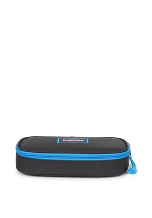 Black rectangular pencil case with a blue zipper, featuring a logo patch on the side and a textured fabric exterior.