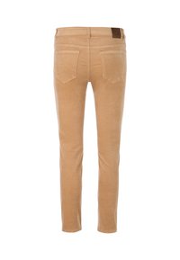 Beige Baumwollmischung, schmal geschnittene Hose mit glatter Textur, Fünf-Taschen-Design und einem braunen Lederpatch am Bund.