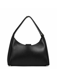 Borsa a mano in pelle nera con una forma strutturata, texture morbida e una maniglia arrotondata. Presenta cuciture sottili e dettagli in metallo dorato.