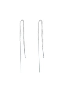 Boucles d'oreilles en chaîne argentée avec un design allongé, présentant une chaîne délicate et des pendentifs fins et droits aux extrémités. Texture lisse.