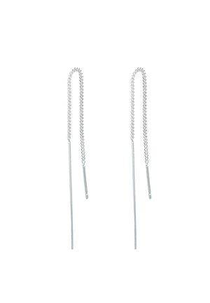 Orecchini in argento con design allungato, caratterizzati da una delicata catena e pendenti dritti e sottili alle estremità. Texture liscia.
