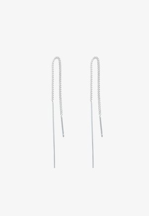 Silver chain earrings with elongated design, featuring a delicate chain and straight, thin pendants at the ends. Smooth texture.