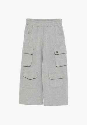 Pantaloni cargo grigi in cotone con molteplici tasche applicate, vita elasticizzata e vestibilità rilassata. Finitura liscia con orli cuciti.