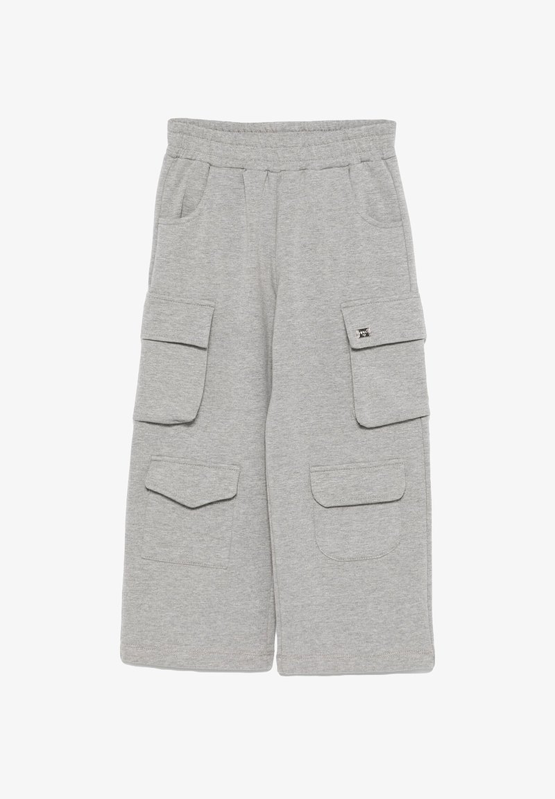 Pantaloni cargo grigi in cotone con molteplici tasche applicate, vita elasticizzata e vestibilità rilassata. Finitura liscia con orli cuciti.