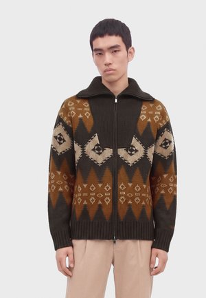 Jeune homme portant un pull tricoté marron et noir zippé avec des motifs géométriques et un pantalon beige, debout devant un fond uni.