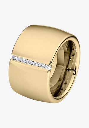 Goldring mit einer glatten, abgerundeten Oberfläche, der in der Mitte eine horizontale Linie aus sechs kleinen, klaren Steinen aufweist.