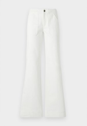White flared pants made of woven fabric, featuring a braided waistband, two front pockets, and a smooth texture. Fastened with a black button.