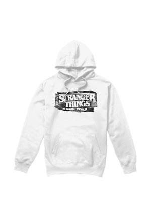 White hooded sweatshirt with front pocket and black distressed "Stranger Things" logo printed on the chest.