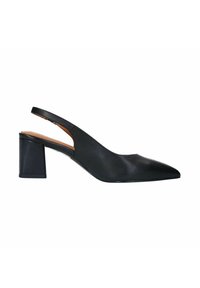 Zwarte leren slingback schoen met een spitse neus en blokhak. Heeft een uitgesneden zijkant, een gladde textuur en een minimalistisch silhouet.