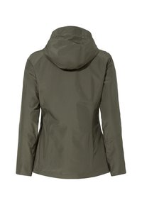 Giacca impermeabile verde oliva con cappuccio, texture liscia, design aderente e maniche lunghe. Presenta dettagli delle cuciture e orlo arrotondato.